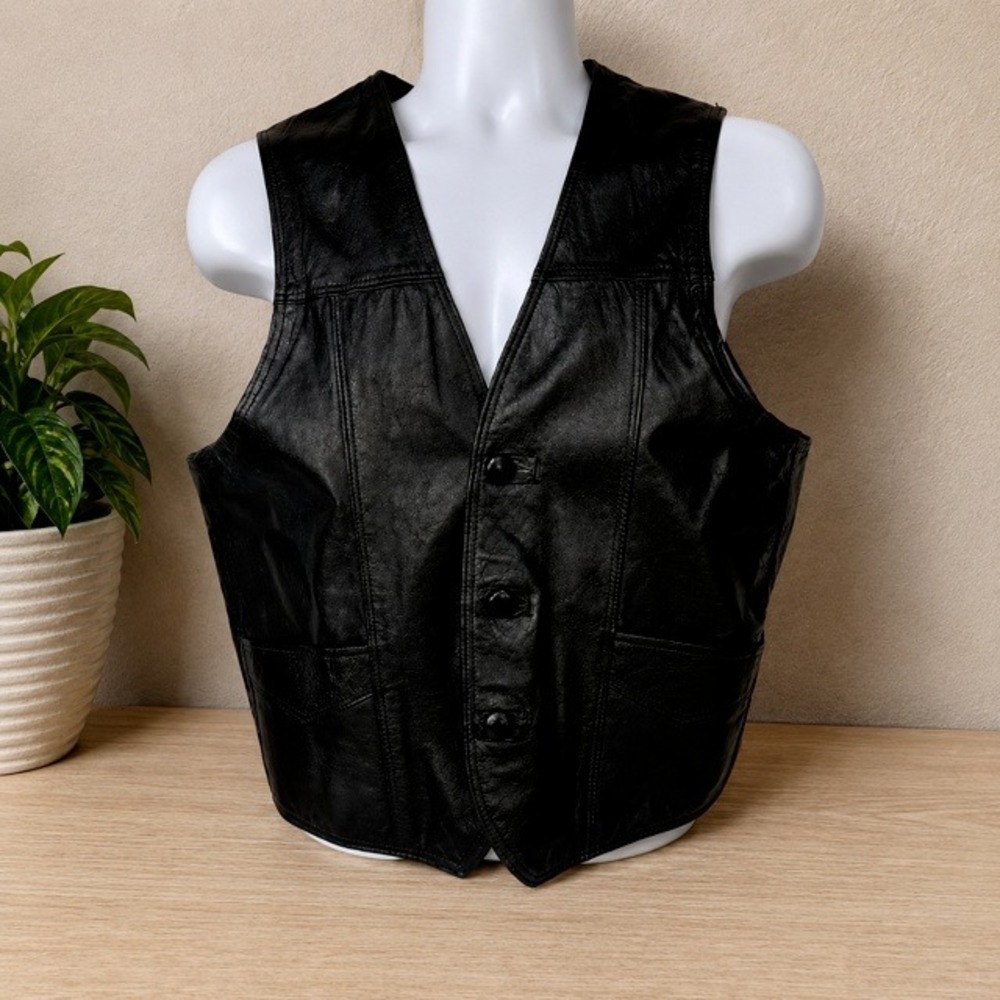 Vintage Steer Brand Black Leather Vest Mens Small Biker Western Mexico